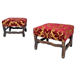 Set of Antique French Poufs in Wood with Yellow and Dark Red Damask Fabric, 1850s For Sale