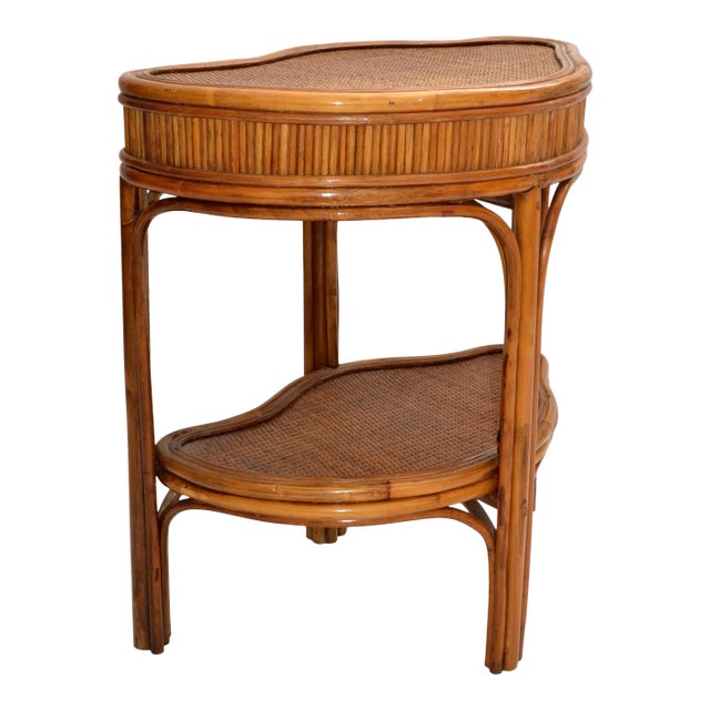 Vintage Chinoiserie Bamboo & Rattan Handmade Two-Tier Side, End Table Asian Modern 70s For Sale