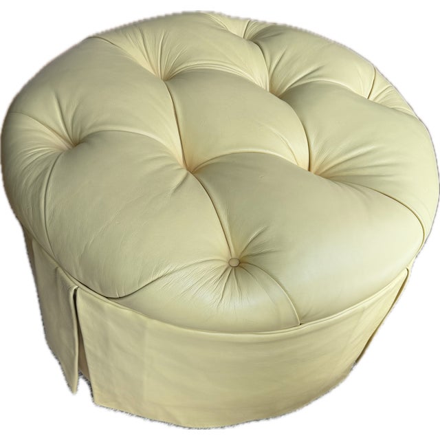 Wood Custom Butter Yellow Tufted Leather Ottoman, Footstool For Sale - Image 7 of 18