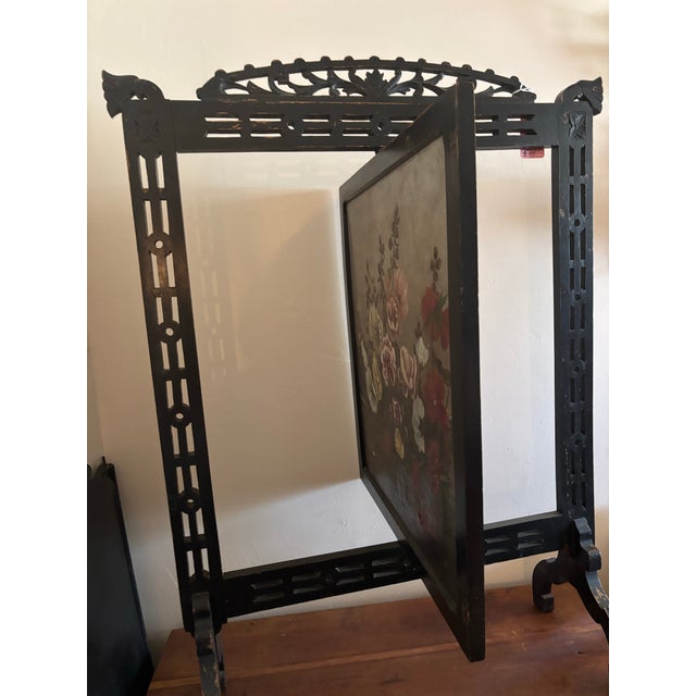 1900 - 1909 Vintage Victorian Fireplace Ebony Screen Featuring a Hand Painted Floral Arrangement on Canvas For Sale - Image 5 of 7
