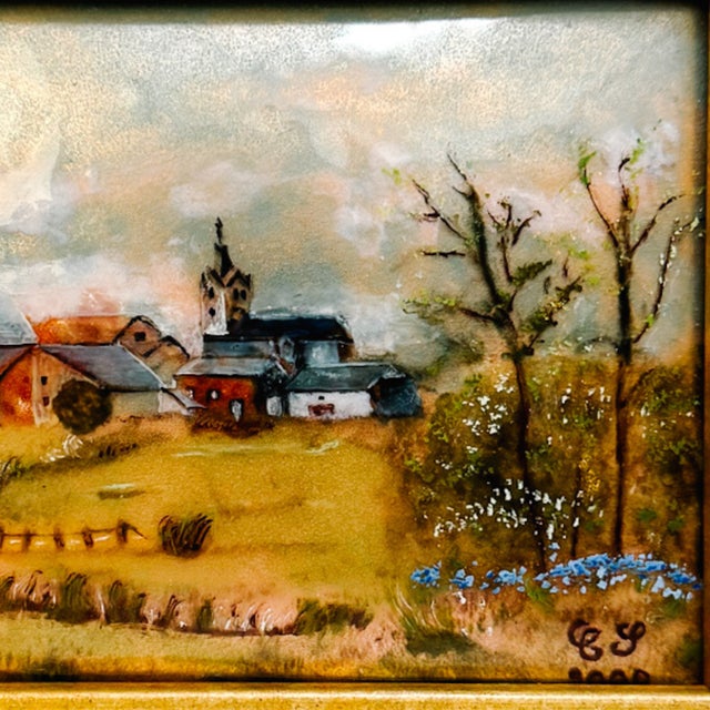Gold Vintage French Hand-Painted Petite Enamel Landscape Framed Paintings - Set of 2 For Sale - Image 8 of 13