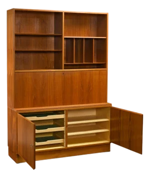 Poul Hundevad Teak Two-Piece Cabinet, Bookcase & Drop-Front Secretary, Denmark