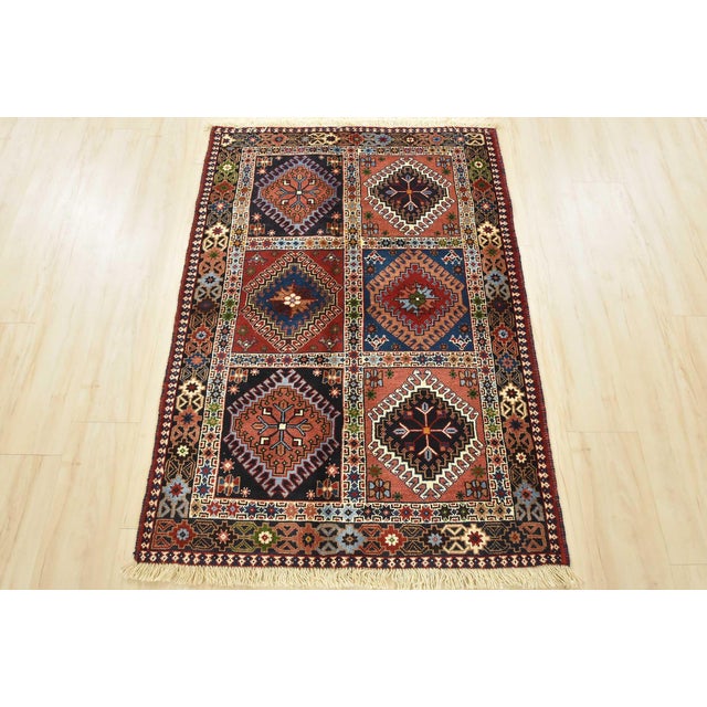 Farmhouse Yalameh Rug 3’4” X 4’10” Multicolor Wool Vintage Tribal Hand-Knotted Carpet For Sale - Image 3 of 13