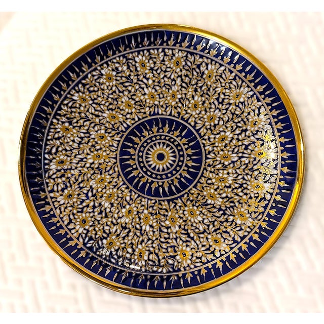 Mid-Century Modern Floral Mandala Cobalt and Gold Plate For Sale - Image 3 of 10