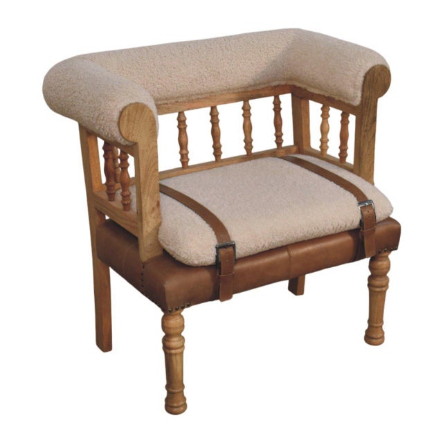 Mid-Century Modern Bouclé and Leather Upholstered Bench With Spindle Back For Sale - Image 3 of 8