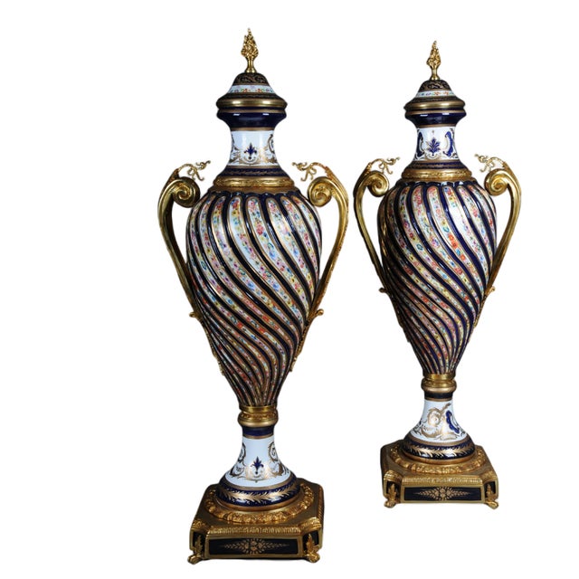 French Sevrés Floor Vases with Gilt Bronze, Set of 2 For Sale