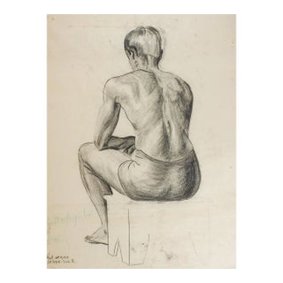 1950 Charcoal Seated Male Figure Drawing Study For Sale