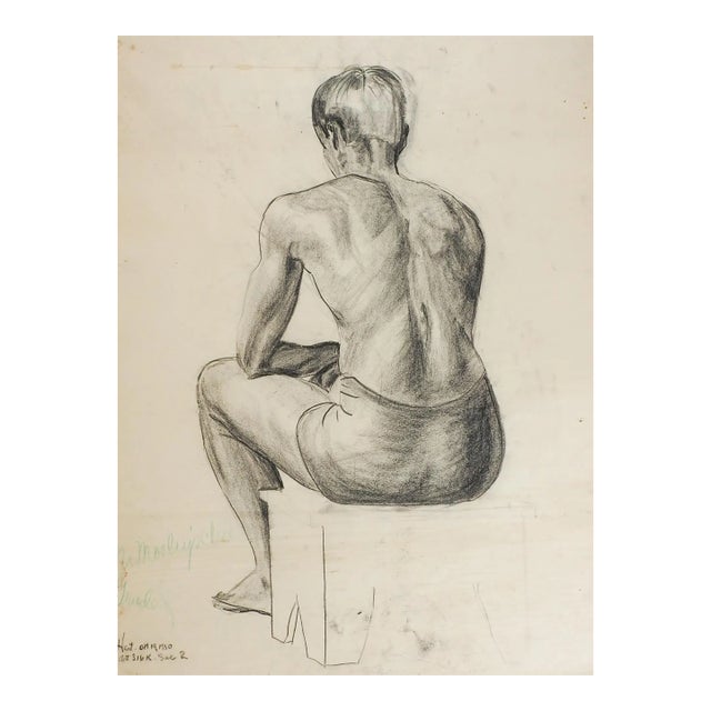 1950 Charcoal Seated Male Figure Drawing Study For Sale