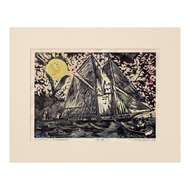 "Schooner + Doryman" First Edition Hand-Colored Woodblock Print by Byron Randall For Sale