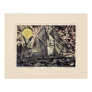 "Schooner + Doryman" First Edition Hand-Colored Woodblock Print by Byron Randall