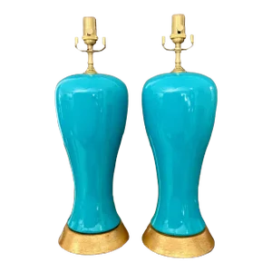 Pair Modern Turquoise Blue Ceramic Table Lamps