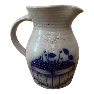 Vintage Original Salmon Falls Grey Stoneware Pitcher With Blueberry Basket Salt Glaze