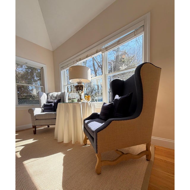 A Pair of Custom Blue Wingback Chairs Blue Herringbone by Mitchell Gold & Bob Williams / Navy Blue Linen by Restoration Hardware For Sale - Image 14 of 18