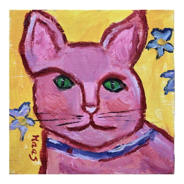 Primitive Style Pink Cat Portrait, Small Painting For Sale