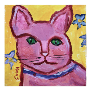 Primitive Style Pink Cat Portrait, Small Painting