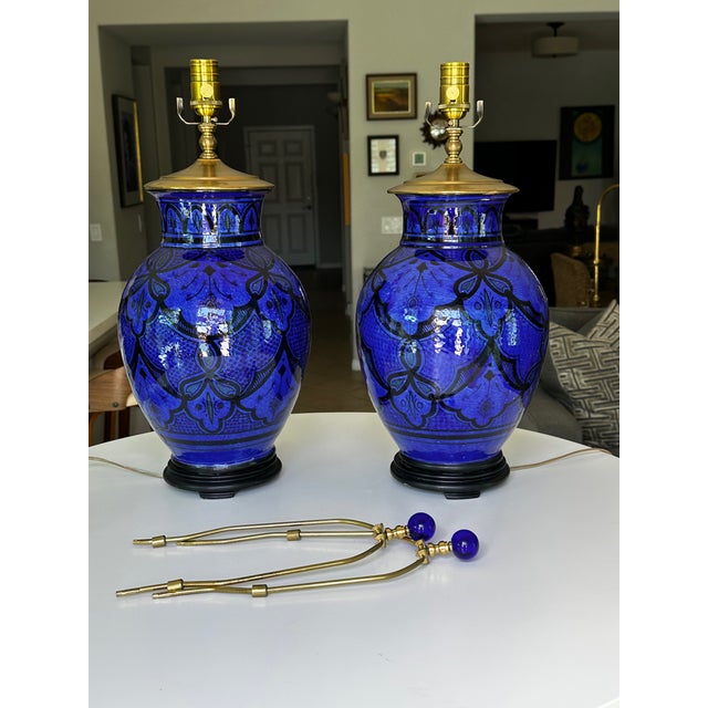 Ceramic Vintage Moorish Safi Hand-Painted Cobalt Ceramic Table Lamps - Pair For Sale - Image 7 of 17