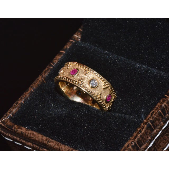 Gorgeous Natural Diamond Ruby 18K Solid Gold Byzantine Beaded Greek Ring Stacking Band, size 5.75 For Sale - Image 10 of 10