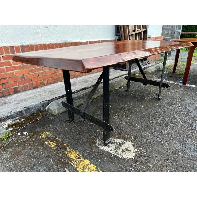 Mid 20th Century Live Edge Solid Thick Wood Top & Hammered Metal Base Dining Table For Sale - Image 9 of 11