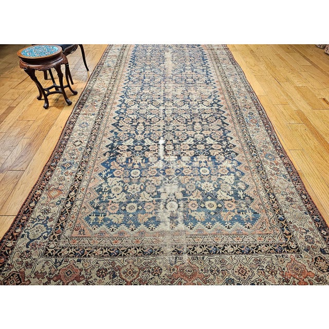 Antique Persian Malayer Gallery Rug, Hand-Knotted Wool, Geometric Pattern, 7x15, Blue & Ivory For Sale - Image 9 of 18