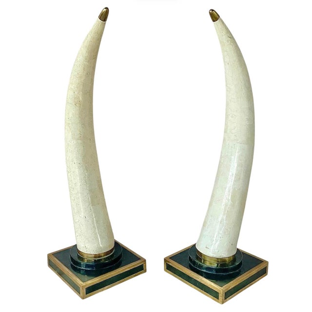 Pair of Tessellated Marble Faux Tusks on Brass and Faux Marble Bases For Sale - Image 11 of 12