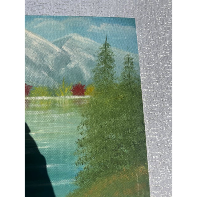 1990s Riverside and Mountains Landscape Painting With Colorful Bushes on Canvas For Sale In Atlanta - Image 6 of 8