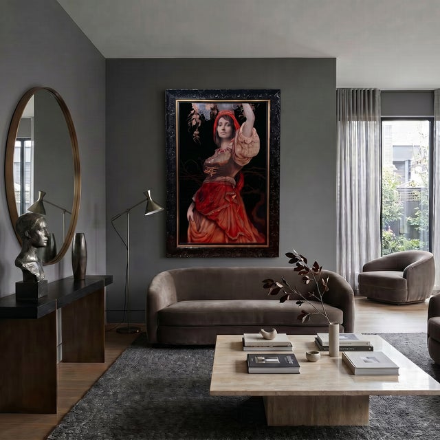 Mixed media work on aluminum by Patrick Guyton titled Bella Vita. The composition presents a vertically oriented portrait...