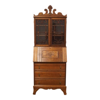 Vintage Antique English Walnut Art Deco 30" Secretary Desk W. Display Hutch For Sale