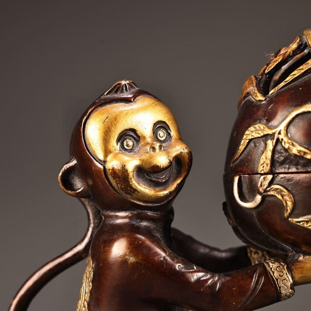 Gilt Bronze Monkey & Peach Incense Burner – Figural Censer, 2.4 LBS For Sale - Image 9 of 10