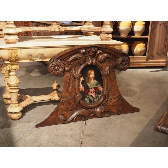 17th Century French Carved Oak Cartouche Panel With Portrait Painting For Sale - Image 9 of 12