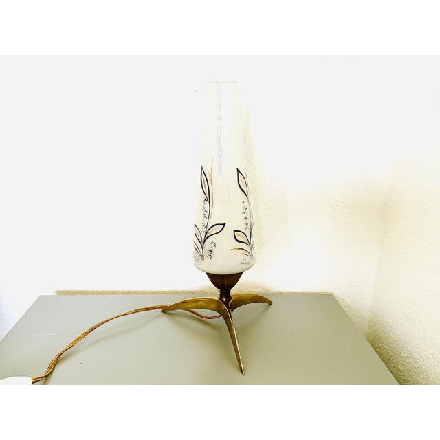 Mid-Century Modern Mid-Century Space Age Modern Brass Tripod Table Lamp with Opaline Glass Lampshade, 1950s For Sale - Image 3 of 9