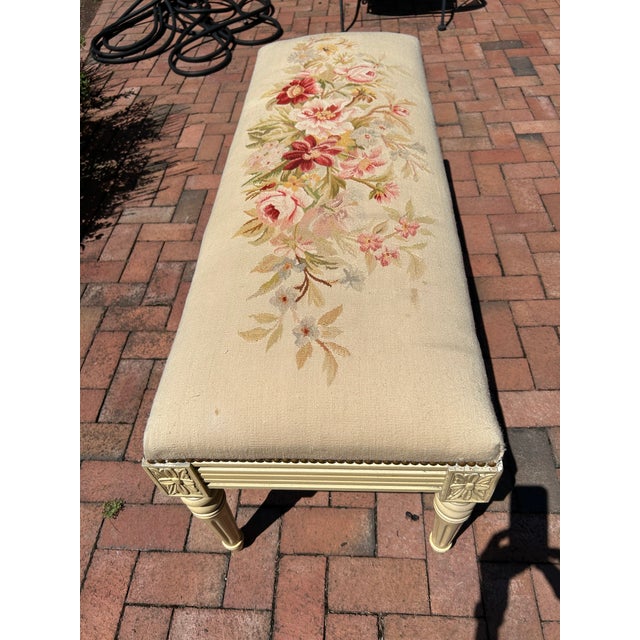 Rectangular Vintage Bench With Tapestry Top For Sale - Image 4 of 12