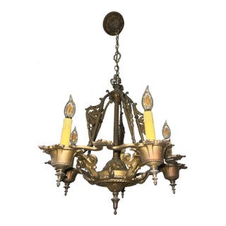 1920's Spanish Revival Chandalier Pendant Light With Shields and Original Polychrome For Sale