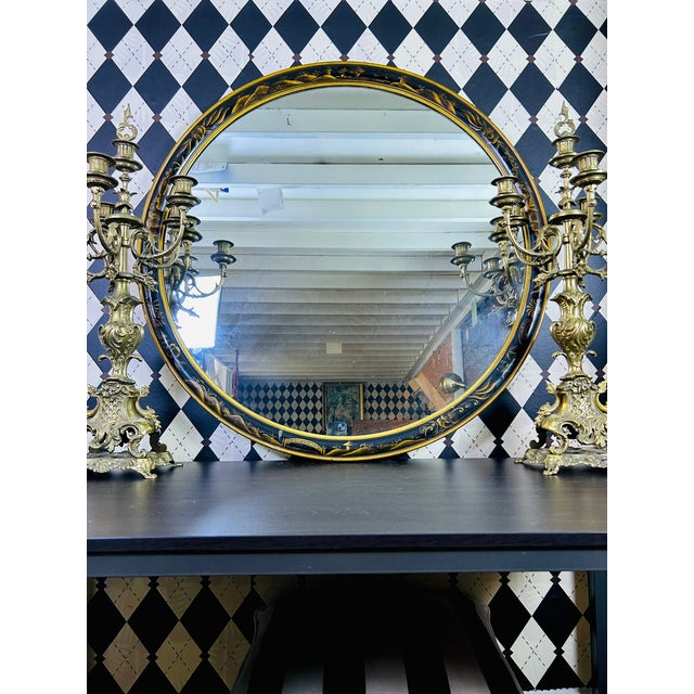 Oversized Black & Gold Lacquer Hand-Painted Chinoiserie Round Mirror 36 Inch Diameter For Sale - Image 9 of 13