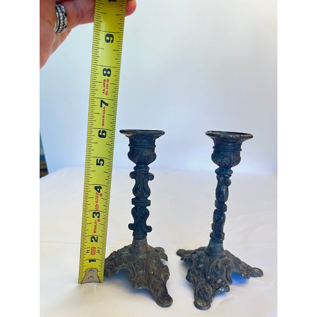 Brass Vintage Ornate Brass Candle Holders Action Made in Italy 3 Footed Baroque 6" For Sale - Image 8 of 12