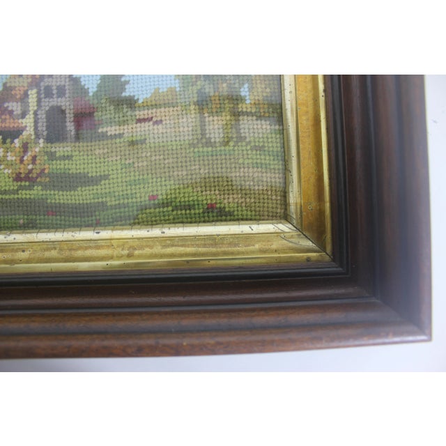 Early 20th Century Early 20th Century Needlepoint in Antique Wood Frame Cottagecore Country Style Embroidered Picture For Sale - Image 5 of 10