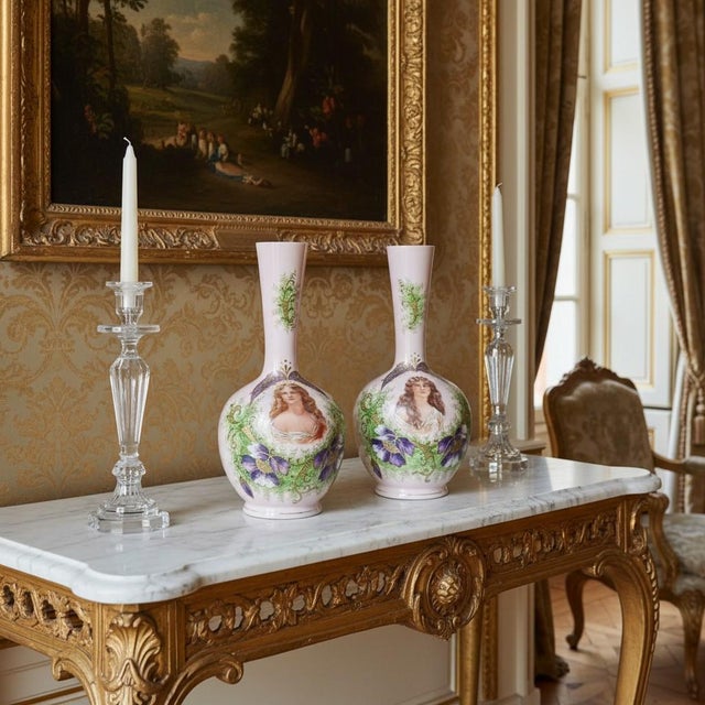 Antique Austrian Portrait Vases Pair-Art Nouveau-Pink Enamel-Maiden-Porcelain For Sale - Image 11 of 11