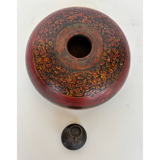 Vintage Asian Red and Black Painted Wooden Round Lidded Box With Metal Ring Handle For Sale - Image 15 of 17