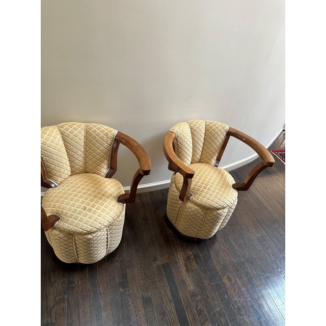 Pair of Italian vintage accent chairs in yellow velvet (reupholstered in 2005 in Verona Italy); barrel-shaped; Biedermeier...