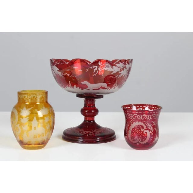 Bohemian Crystal Glass Set in Ruby Red and Yellow, 1880s, Set of 3 For Sale - Image 12 of 12