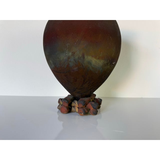 Mid-Century Modern 1980s Vintage Raku Studio Pottery Vase With Sculptural Footed Base – Unsigned For Sale - Image 3 of 10