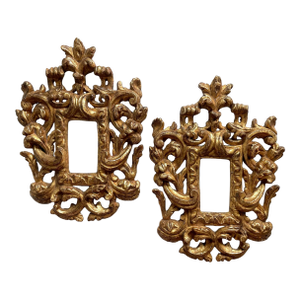 Pair of Antique Gold Rococo Style Crested Carved Italian Frames