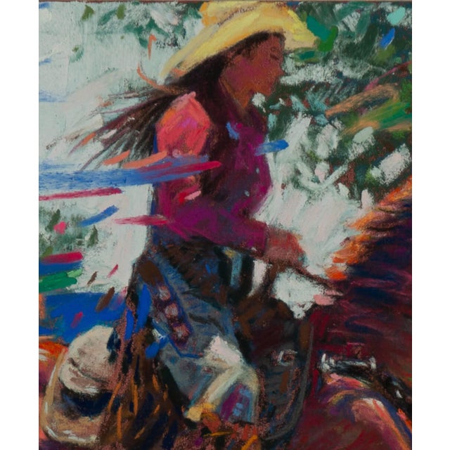 Figurative Warming up by Jeff Slemons | Soft Pastel On Sanded Paper Horse rider in motion with another rider behind. For Sale - Image 3 of 4
