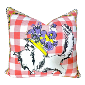 Vintage Dog W/Floral Hat on Checkerboard Pillow