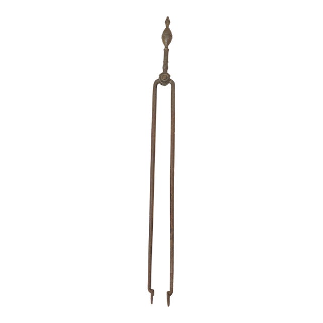 Antique 18th Century Wrought Iron Turned Brass English Fireplace Tongs Tool 10 For Sale
