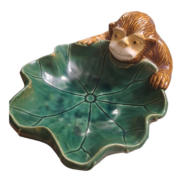 Mid-Century Majolica Style Ceramic Monkey Leaf Centerpiece Bowl For Sale
