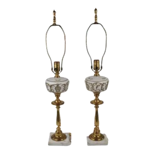 Vintage 1950's Brass and Glass Marble Base Lamps Set of 2
