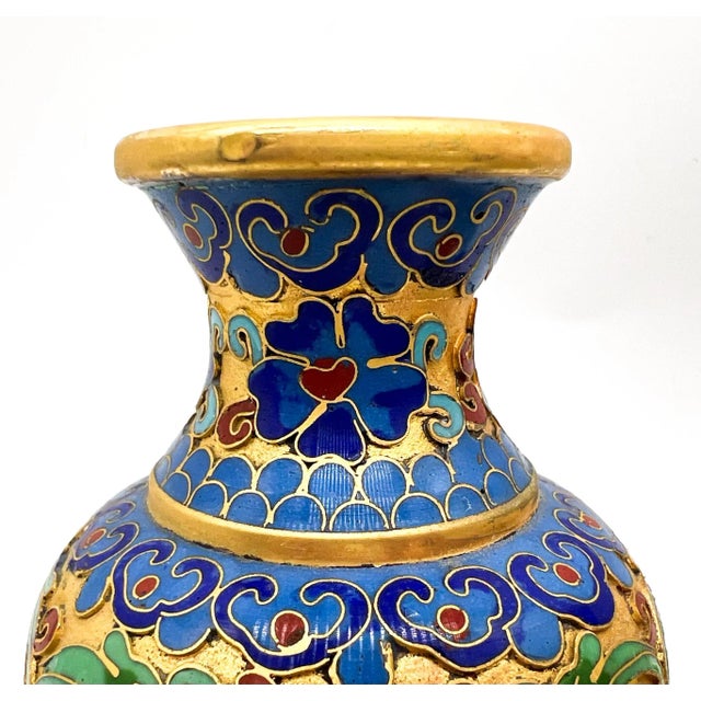 Pair of Mid-Century Chinese Cloisonné Vases – Blue, Green & Gold Enamel With Lotus Motif – Chinoiserie / Hollywood Regency For Sale - Image 10 of 10