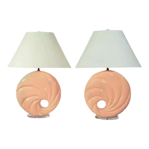 1980s Hollywood Regency Pink Swirl Shell Form Ceramic Lucite Round Table Lamps - Pair