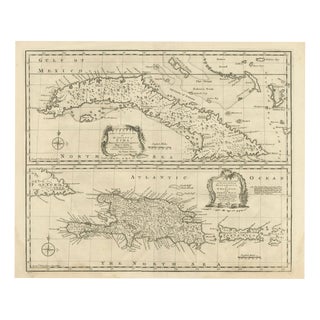 Antique Map of Cuba with Caribbean Sea Chart by Bowen, 1744 For Sale