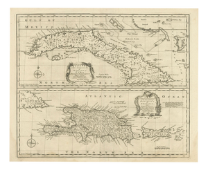 Antique Map of Cuba with Caribbean Sea Chart by Bowen, 1744